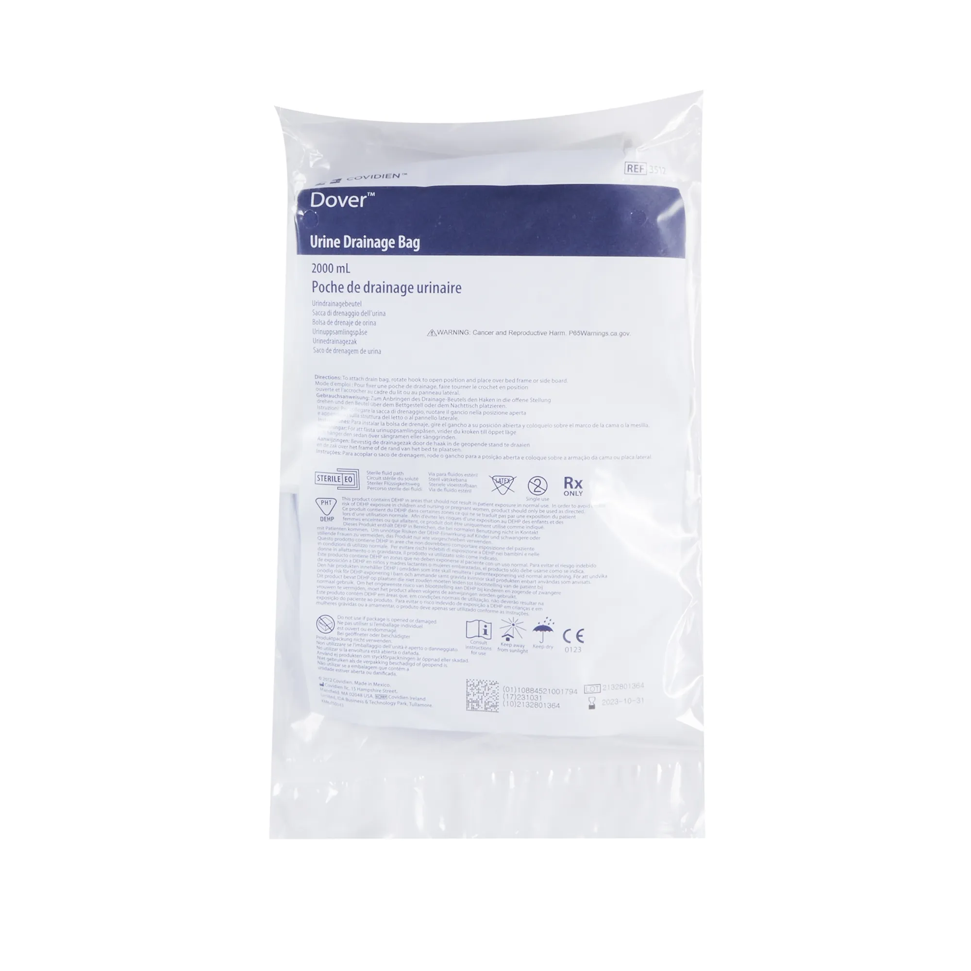 Dover Urine Drainage Bag, Needle Sampling, Anti-Reflux Valve Sterile 2000mL 1