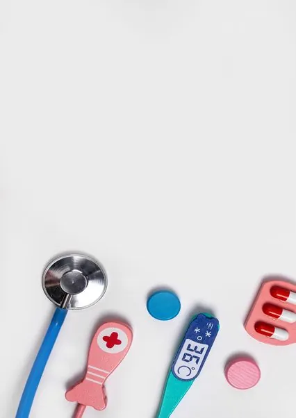 Home Banner with medical tools. Health care, medicine concept. Stethoscope, thermometer, pills. Doctor instruments kit for children. Copy space. High quality photo